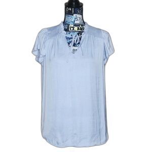 MAISON D'AMELIE Peasant Top Smocked Flutter Sleeve Neck Tie Powder Baby Blue XS